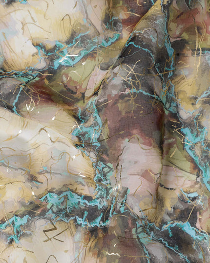 Beige and Teal Marble Print Traditional Sudanese Thobe in Pure Cotton Voile Fabric, 4.5 Meters Length, Width 140 cm – Made in India-D23155