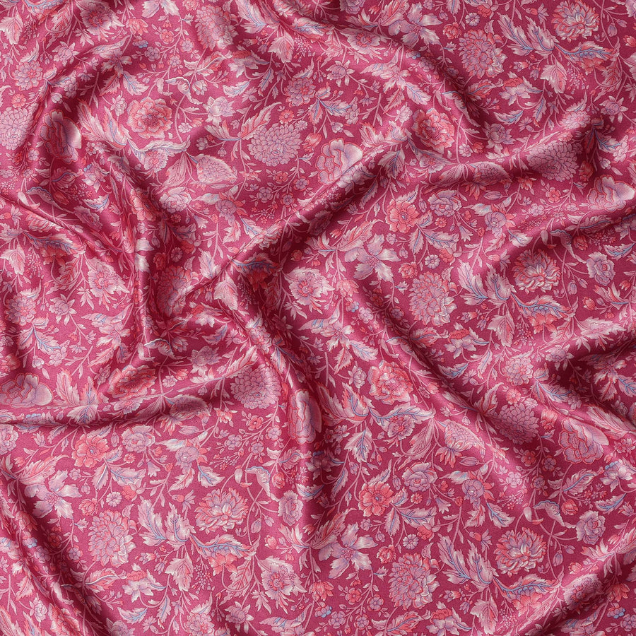 قماش حرير ساتان بنقشة زهور وردية اللون مع نسج جاكار رقيق، عرض 110 سم، صنع في الهند - D23257