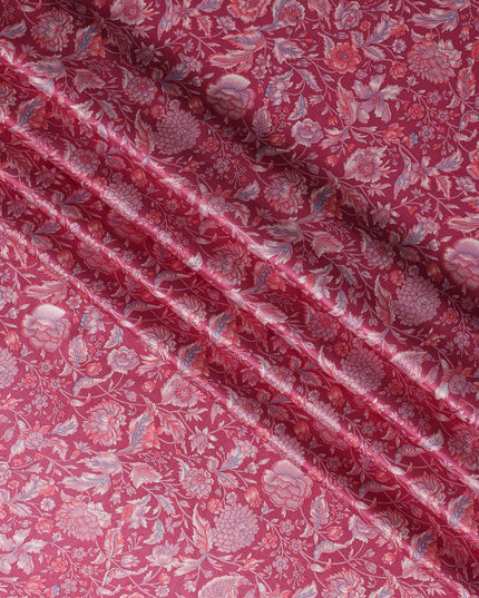 قماش حرير ساتان بنقشة زهور وردية اللون مع نسج جاكار رقيق، عرض 110 سم، صنع في الهند - D23257