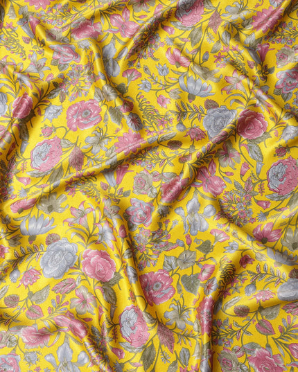 Yellow Multicolor Floral Printed Silk Satin Fabric with Bold Botanical Design, 110 Cms Width, Made in India-D23261