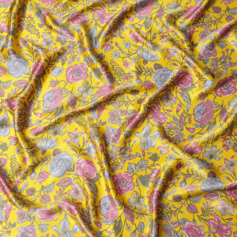 Yellow Multicolor Floral Printed Silk Satin Fabric with Bold Botanical Design, 110 Cms Width, Made in India-D23261