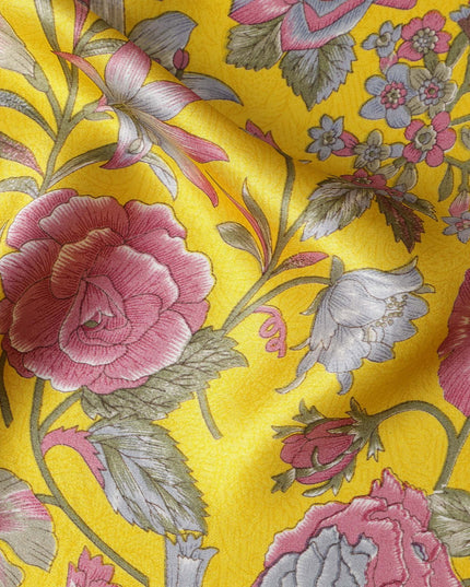 Yellow Multicolor Floral Printed Silk Satin Fabric with Bold Botanical Design, 110 Cms Width, Made in India-D23261