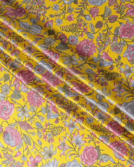 Yellow Multicolor Floral Printed Silk Satin Fabric with Bold Botanical Design, 110 Cms Width, Made in India-D23261
