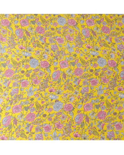 Yellow Multicolor Floral Printed Silk Satin Fabric with Bold Botanical Design, 110 Cms Width, Made in India-D23261