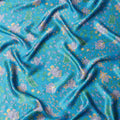 Turquoise Blue Floral Printed Silk Satin Fabric with Elegant Pastel Botanical Design, 110 Cms Width, Made in India-D23264