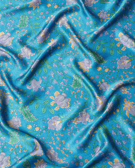 Turquoise Blue Floral Printed Silk Satin Fabric with Elegant Pastel Botanical Design, 110 Cms Width, Made in India-D23264
