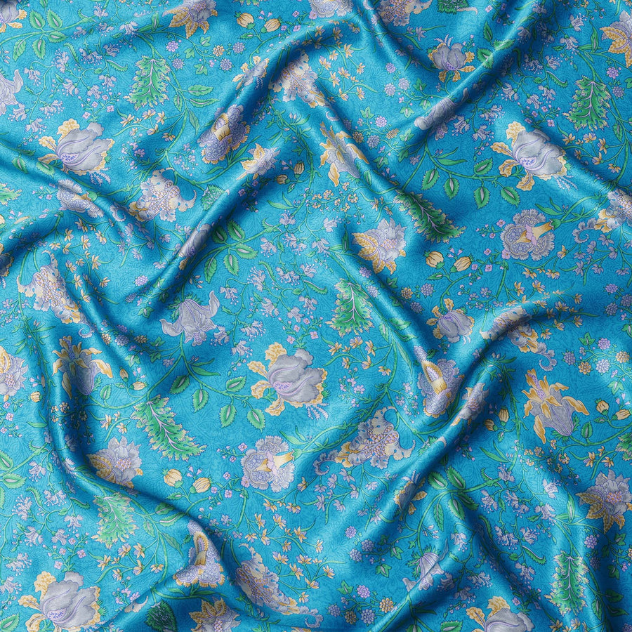 Turquoise Blue Floral Printed Silk Satin Fabric with Elegant Pastel Botanical Design, 110 Cms Width, Made in India-D23264