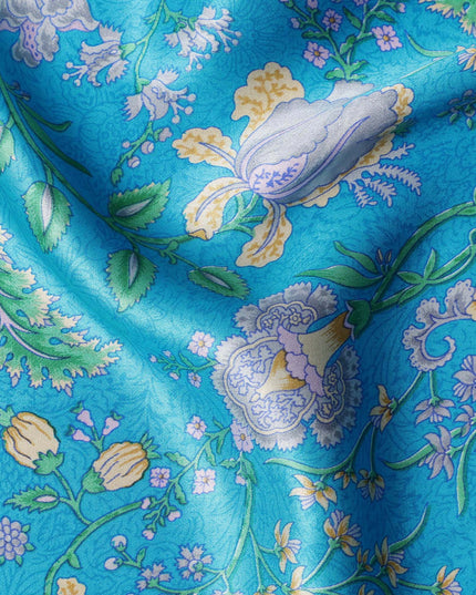Turquoise Blue Floral Printed Silk Satin Fabric with Elegant Pastel Botanical Design, 110 Cms Width, Made in India-D23264