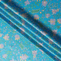 Turquoise Blue Floral Printed Silk Satin Fabric with Elegant Pastel Botanical Design, 110 Cms Width, Made in India-D23264