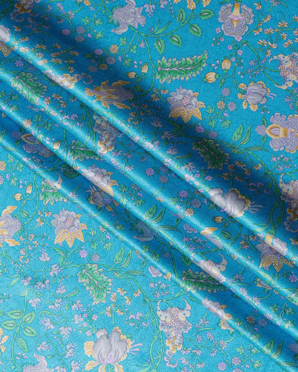 Turquoise Blue Floral Printed Silk Satin Fabric with Elegant Pastel Botanical Design, 110 Cms Width, Made in India-D23264