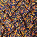 Navy Blue Multicolor Floral Printed Silk Satin Fabric with Traditional Mughal Garden Design, 110 Cms Width, Made in India-D23265