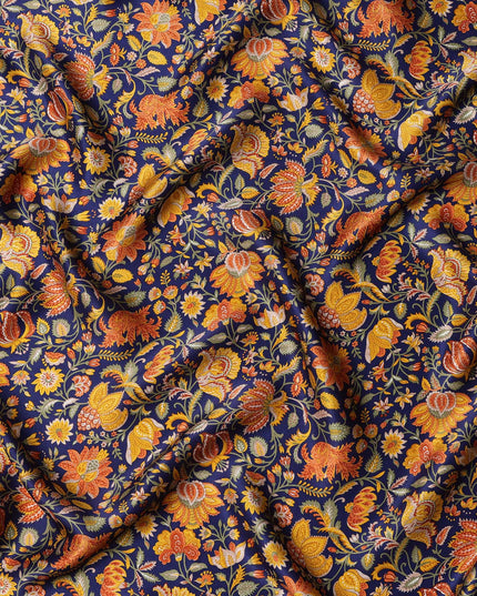 Navy Blue Multicolor Floral Printed Silk Satin Fabric with Traditional Mughal Garden Design, 110 Cms Width, Made in India-D23265