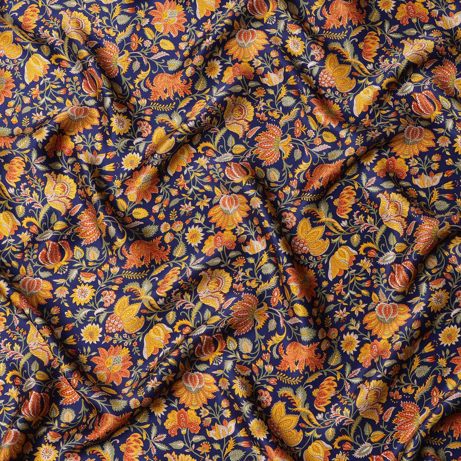 Navy Blue Multicolor Floral Printed Silk Satin Fabric with Traditional Mughal Garden Design, 110 Cms Width, Made in India-D23265