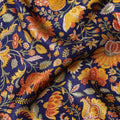 Navy Blue Multicolor Floral Printed Silk Satin Fabric with Traditional Mughal Garden Design, 110 Cms Width, Made in India-D23265