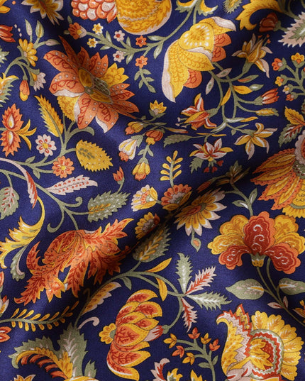 Navy Blue Multicolor Floral Printed Silk Satin Fabric with Traditional Mughal Garden Design, 110 Cms Width, Made in India-D23265