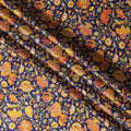 Navy Blue Multicolor Floral Printed Silk Satin Fabric with Traditional Mughal Garden Design, 110 Cms Width, Made in India-D23265
