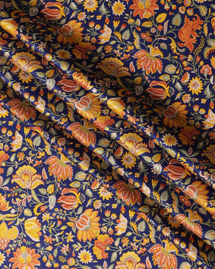 Navy Blue Multicolor Floral Printed Silk Satin Fabric with Traditional Mughal Garden Design, 110 Cms Width, Made in India-D23265