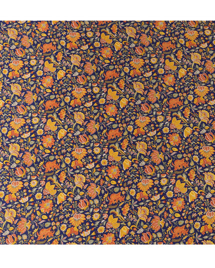 Navy Blue Multicolor Floral Printed Silk Satin Fabric with Traditional Mughal Garden Design, 110 Cms Width, Made in India-D23265