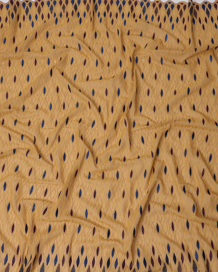 Mustard Yellow Traditional Premium Premium Sudanese Thobe in Pure Cotton Voile Embroidery Fabric with Stone work, 4.5 Mtrs Piece, 140 Cms Width, Made in Switzerland-D23266 - Regal Fabrics