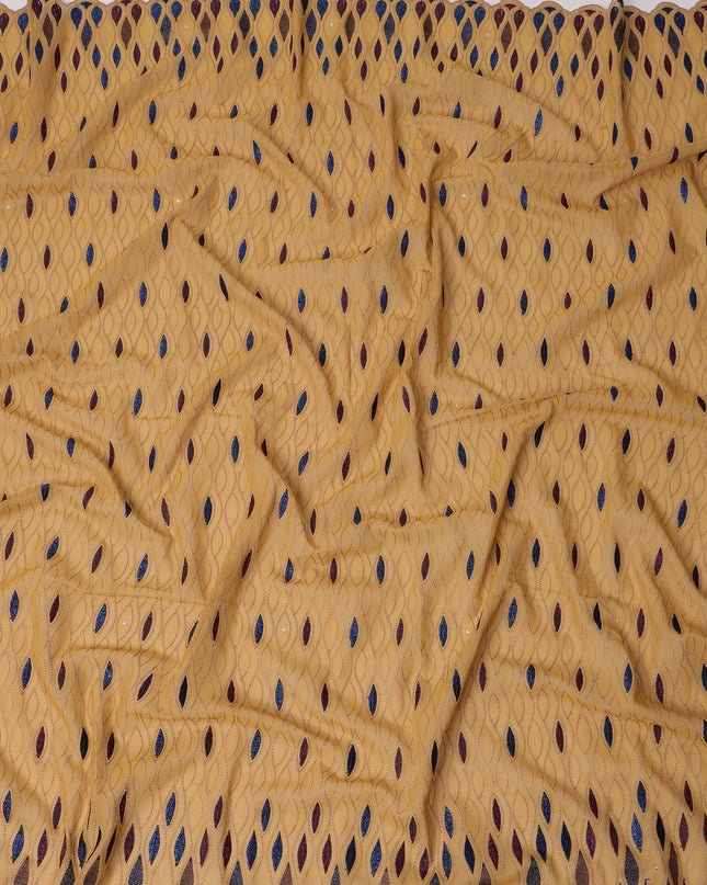 Mustard Yellow Traditional Premium Premium Sudanese Thobe in Pure Cotton Voile Embroidery Fabric with Stone work, 4.5 Mtrs Piece, 140 Cms Width, Made in Switzerland-D23266 - Regal Fabrics