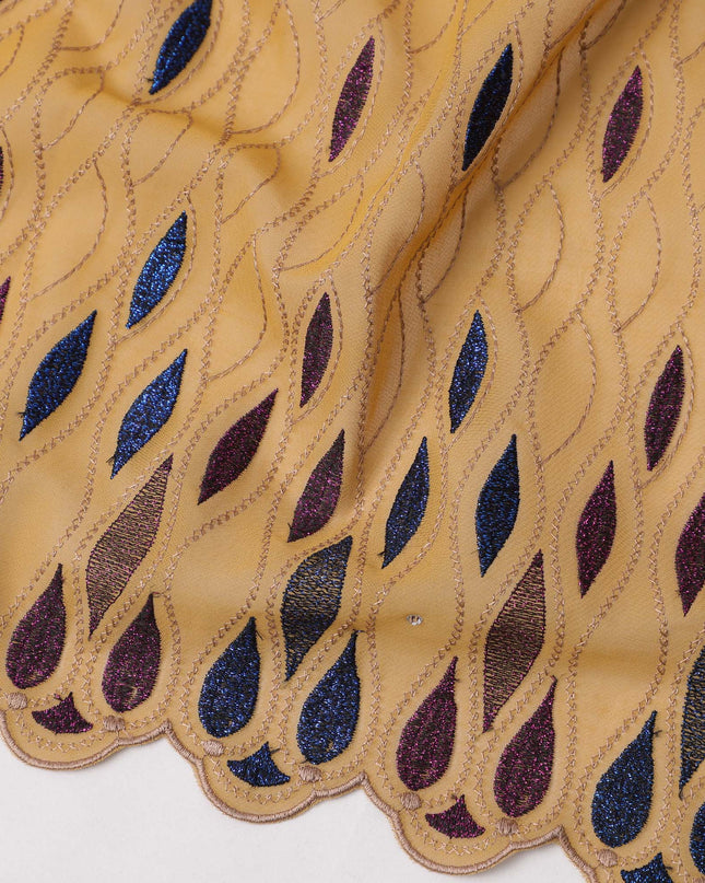 Mustard Yellow Traditional Premium Premium Sudanese Thobe in Pure Cotton Voile Embroidery Fabric with Stone work, 4.5 Mtrs Piece, 140 Cms Width, Made in Switzerland-D23266 - Regal Fabrics