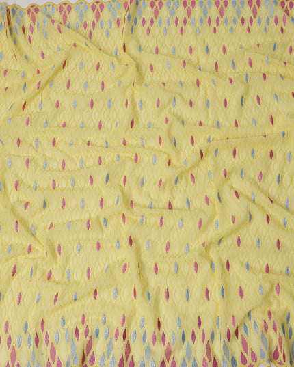 Lemon Yellow Traditional Premium Premium Sudanese Thobe in Pure Cotton Voile Embroidery Fabric with Stone work, 4.5 Mtrs Piece, 140 Cms Width, Made in Switzerland-D23267
