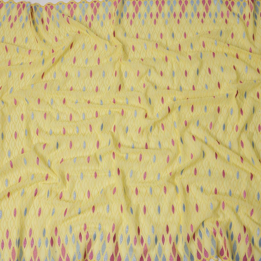 Lemon Yellow Traditional Premium Premium Sudanese Thobe in Pure Cotton Voile Embroidery Fabric with Stone work, 4.5 Mtrs Piece, 140 Cms Width, Made in Switzerland-D23267