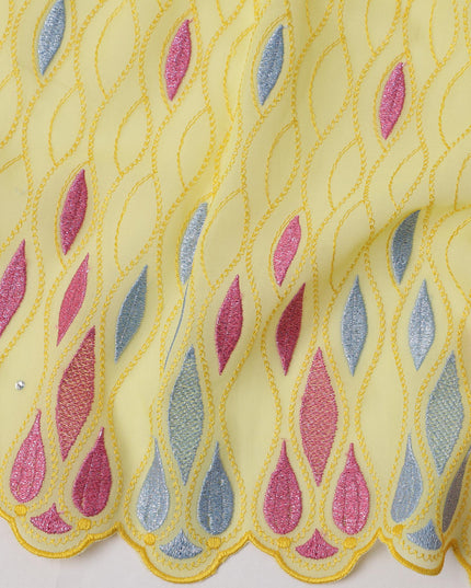 Lemon Yellow Traditional Premium Premium Sudanese Thobe in Pure Cotton Voile Embroidery Fabric with Stone work, 4.5 Mtrs Piece, 140 Cms Width, Made in Switzerland-D23267
