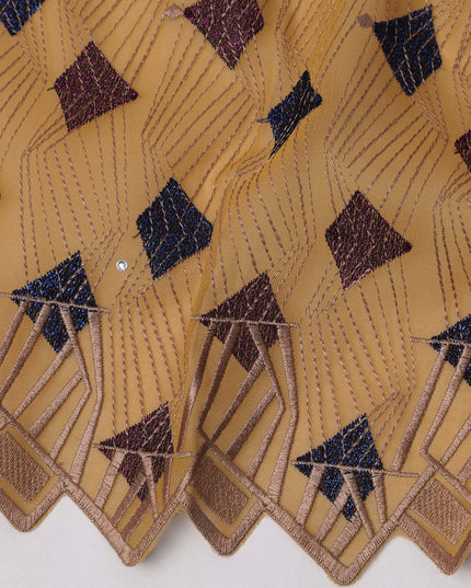 Camel Brown Traditional Premium Premium Sudanese Thobe in Pure Cotton Voile Embroidery Fabric with Stone work, 4.5 Mtrs Piece, 140 Cms Width, Made in Switzerland-D23268