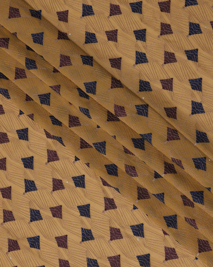 Camel Brown Traditional Premium Premium Sudanese Thobe in Pure Cotton Voile Embroidery Fabric with Stone work, 4.5 Mtrs Piece, 140 Cms Width, Made in Switzerland-D23268