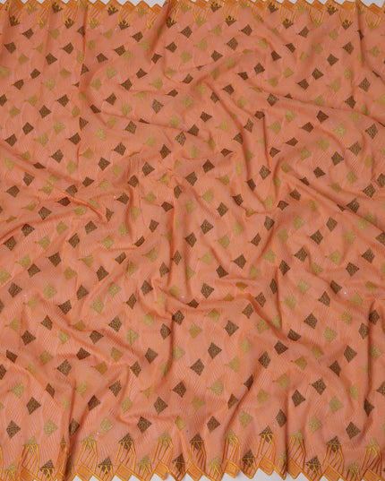 Peachy Pink Traditional Premium Premium Sudanese Thobe in Pure Cotton Voile Embroidery Fabric with Stone work, 4.5 Mtrs Piece, 140 Cms Width, Made in Switzerland-D23269