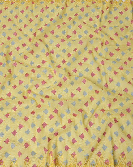 Soft Yellow Traditional Premium Premium Sudanese Thobe in Pure Cotton Voile Embroidery Fabric with Stone work, 4.5 Mtrs Piece, 140 Cms Width, Made in Switzerland-D23270