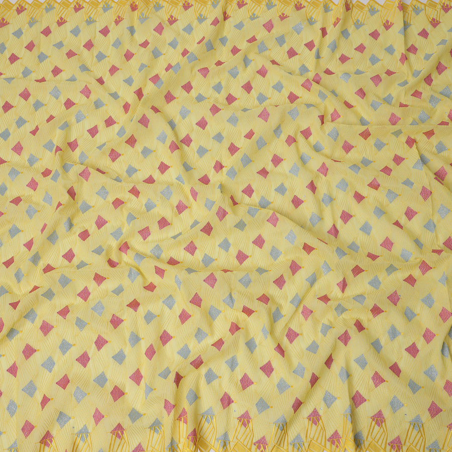 Soft Yellow Traditional Premium Premium Sudanese Thobe in Pure Cotton Voile Embroidery Fabric with Stone work, 4.5 Mtrs Piece, 140 Cms Width, Made in Switzerland-D23270