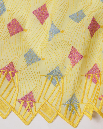 Soft Yellow Traditional Premium Premium Sudanese Thobe in Pure Cotton Voile Embroidery Fabric with Stone work, 4.5 Mtrs Piece, 140 Cms Width, Made in Switzerland-D23270