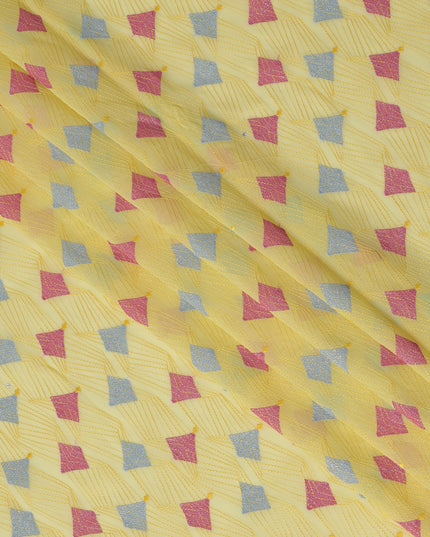 Soft Yellow Traditional Premium Premium Sudanese Thobe in Pure Cotton Voile Embroidery Fabric with Stone work, 4.5 Mtrs Piece, 140 Cms Width, Made in Switzerland-D23270