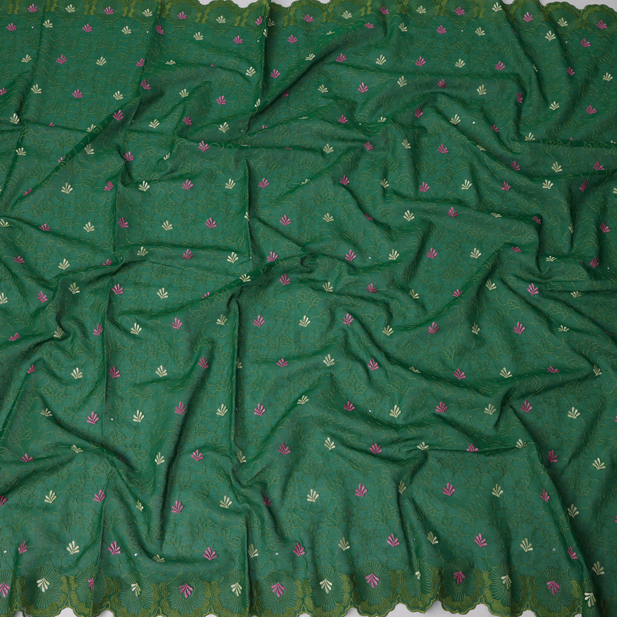 Emerald Green Traditional Sudanese Thobe in Pure Cotton Voile Embroidery Fabric with Stone Work, 4.5 Mtrs Piece, 140 Cms Width, Made in Switzerland-D23274