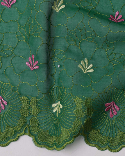 Emerald Green Traditional Sudanese Thobe in Pure Cotton Voile Embroidery Fabric with Stone Work, 4.5 Mtrs Piece, 140 Cms Width, Made in Switzerland-D23274