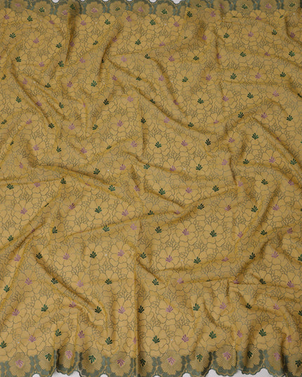 Mustard Yellow Traditional Sudanese Thobe in Pure Cotton Voile Embroidery Fabric with Stone Work, 4.5 Mtrs Piece, 140 Cms Width, Made in Switzerland-D23275