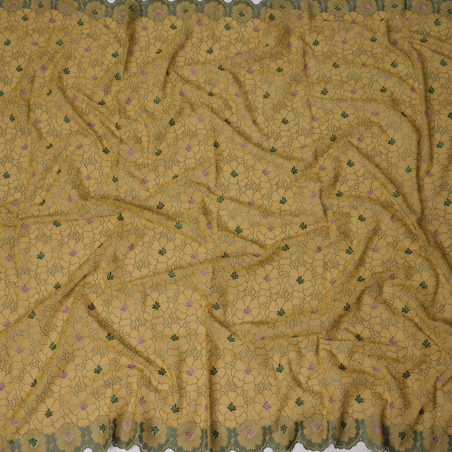 Mustard Yellow Traditional Sudanese Thobe in Pure Cotton Voile Embroidery Fabric with Stone Work, 4.5 Mtrs Piece, 140 Cms Width, Made in Switzerland-D23275