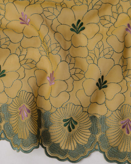 Mustard Yellow Traditional Sudanese Thobe in Pure Cotton Voile Embroidery Fabric with Stone Work, 4.5 Mtrs Piece, 140 Cms Width, Made in Switzerland-D23275