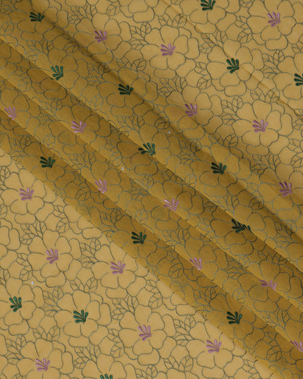 Mustard Yellow Traditional Sudanese Thobe in Pure Cotton Voile Embroidery Fabric with Stone Work, 4.5 Mtrs Piece, 140 Cms Width, Made in Switzerland-D23275