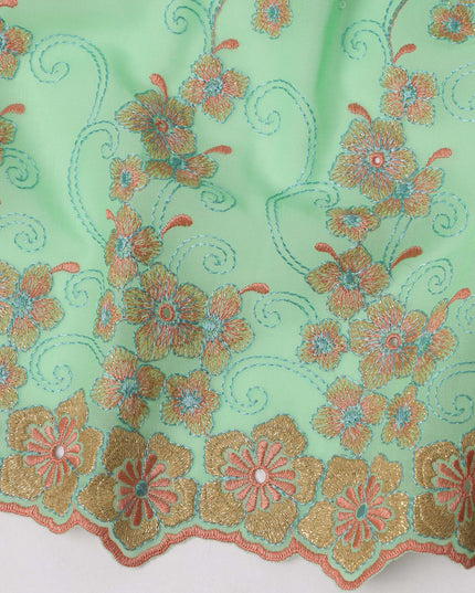 Mint Green Traditional Sudanese Thobe in Pure Cotton Voile Embroidery Fabric with Stone Work, 4.5 Mtrs Piece, 140 Cms Width, Made in Switzerland-D23276