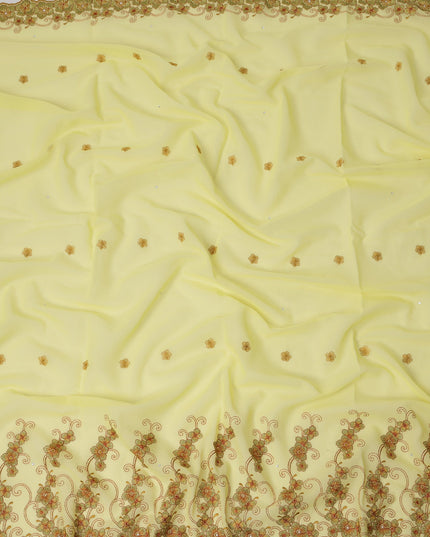Pastel Yellow Traditional Sudanese Thobe in Pure Cotton Voile Embroidery Fabric with Stone Work, 4.5 Mtrs Piece, 140 Cms Width, Made in Switzerland-D23278