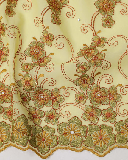 Pastel Yellow Traditional Sudanese Thobe in Pure Cotton Voile Embroidery Fabric with Stone Work, 4.5 Mtrs Piece, 140 Cms Width, Made in Switzerland-D23278
