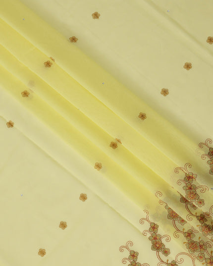 Pastel Yellow Traditional Sudanese Thobe in Pure Cotton Voile Embroidery Fabric with Stone Work, 4.5 Mtrs Piece, 140 Cms Width, Made in Switzerland-D23278