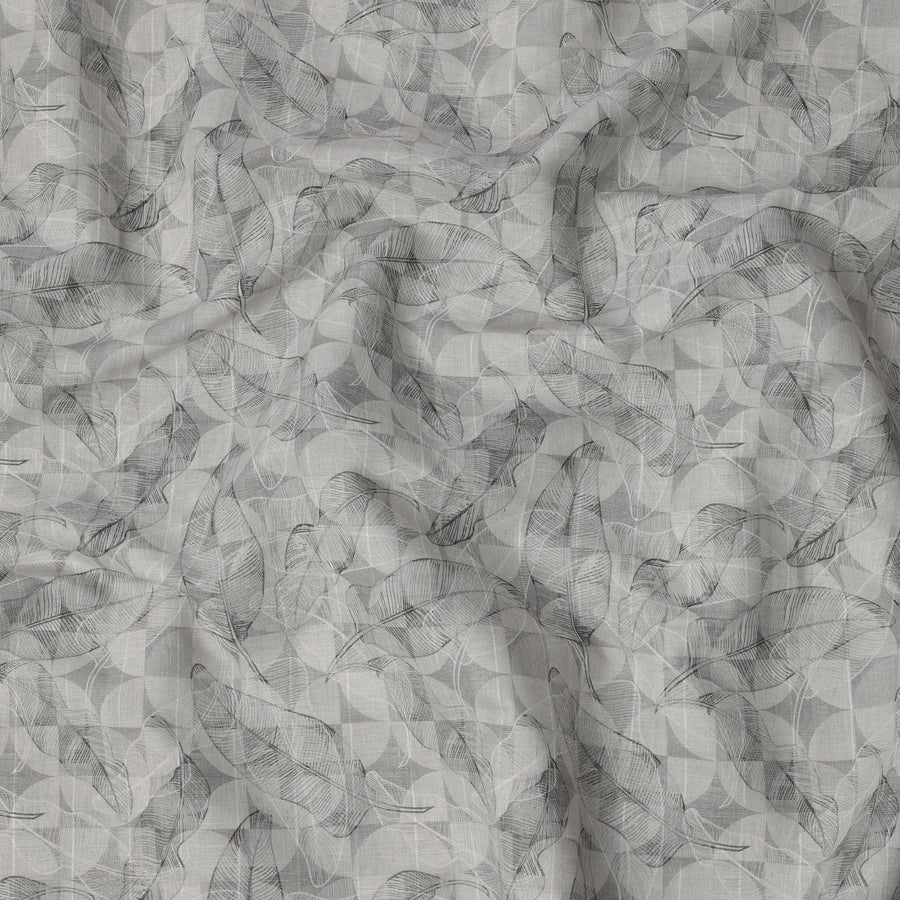 Grey Leaf Printed Blended Linen Fabric with Abstract Geometric Overlay, 140 Cms Width, Made in India-D23279