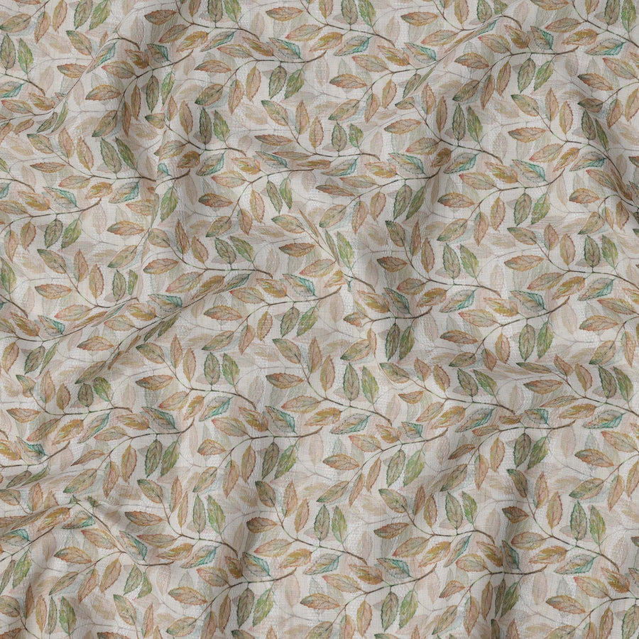 قماش كتان مخلوط مطبوع عليه أوراق شجر متعددة الألوان باللون البيج مع تفاصيل مرسومة يدويًا، عرض 140 سم، صنع في الهند - D23281