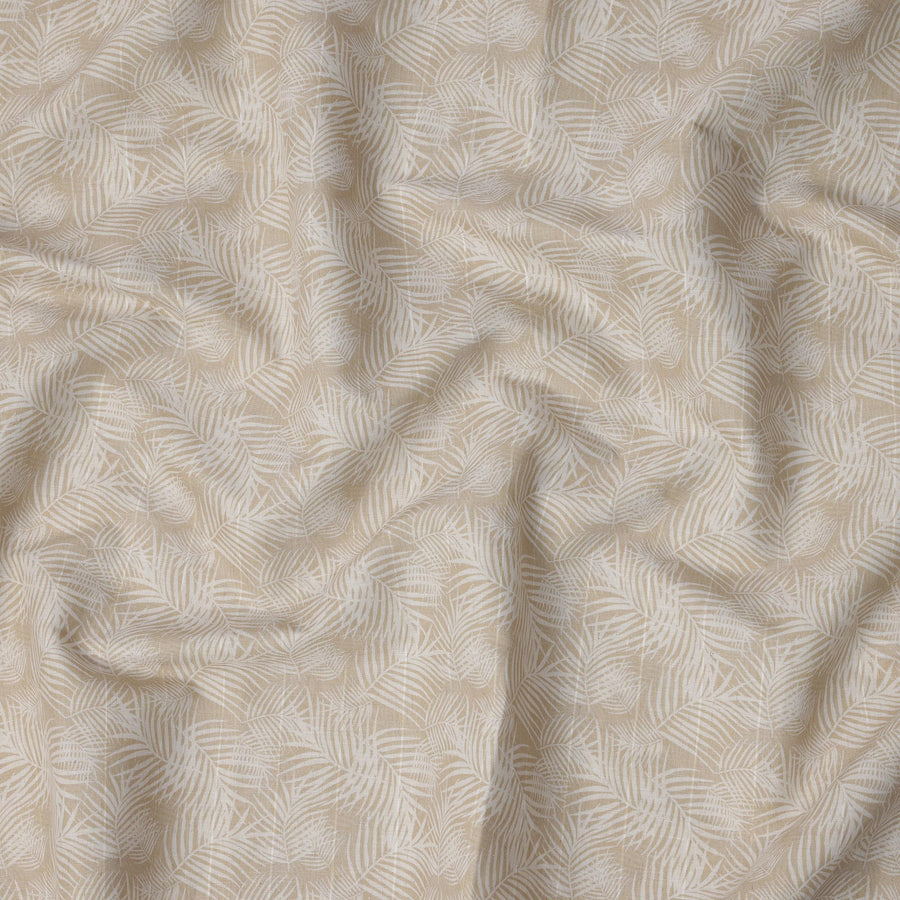 Beige and White Tropical Leaf Printed Blended Linen Fabric with Subtle Texture, 140 Cms Width, Made in India-D23284