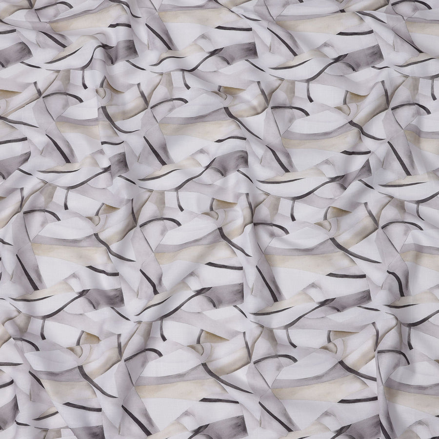 قماش كتان مخلوط مطبوع بخطوط تجريدية باللونين الأبيض والرمادي بتصميم انسيابي، عرض 140 سم، صنع في الهند - D23286