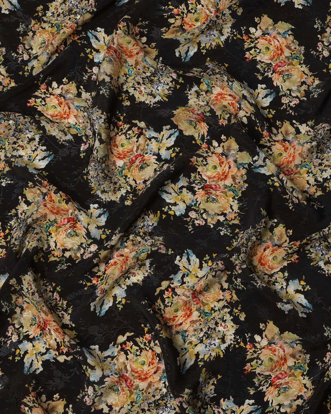 Black Base Multicolor Abstract Floral Printed Viscose Crepe Fabric with Painterly Bloom Design, Width 110 cm, Made in India-D23418